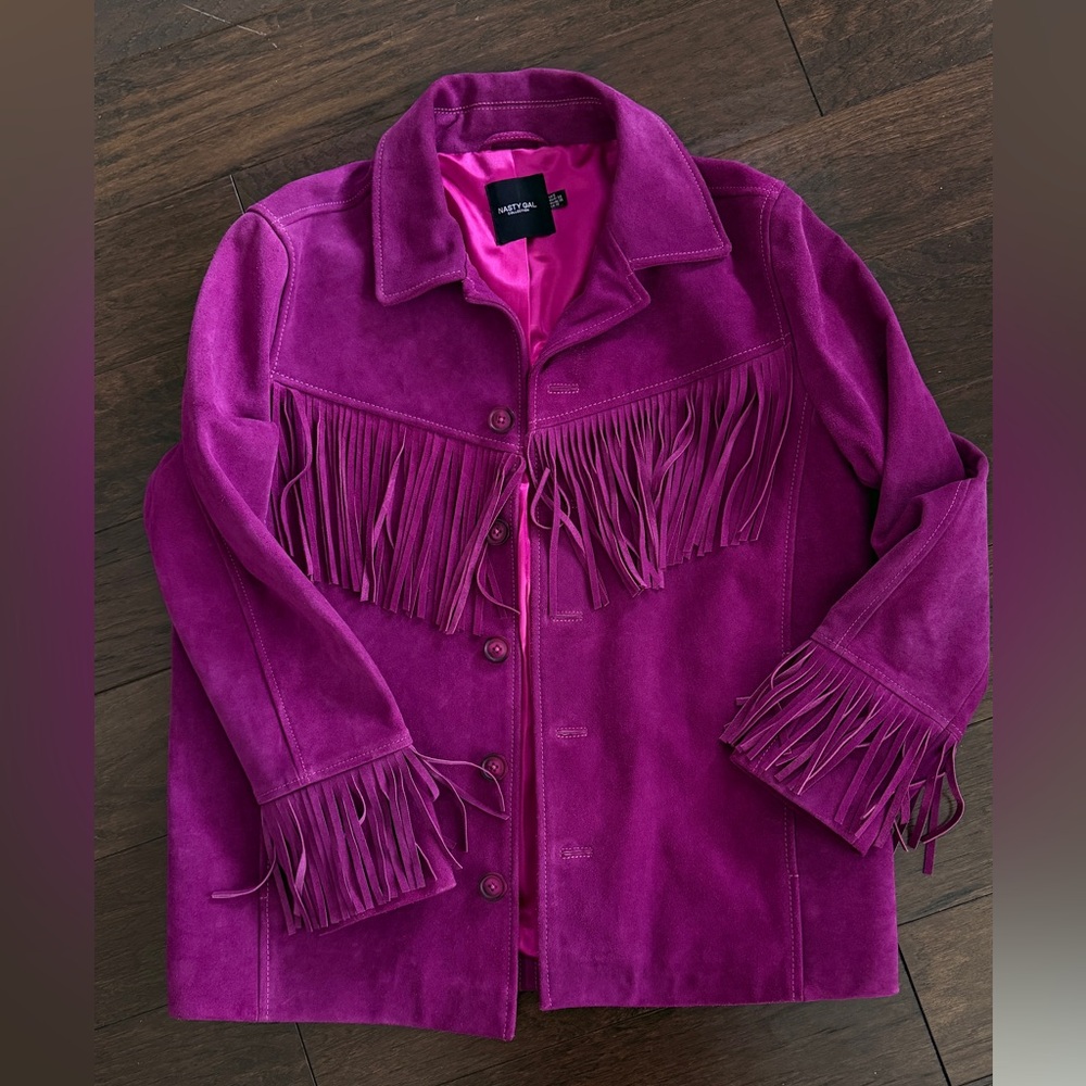Nasty Gal Magenta Suede Fringe Jacket